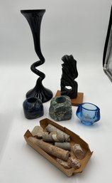 MCM-Style Black Glass Art Vase, Assorted Minerals, Langelinie Kobenhavn Denmark Blue Glass, Aventurine Holder