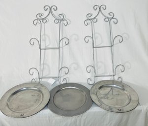 Two Tiered Wall Plate Holder Set Of Two And Three Pewter Chargers