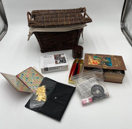 Lined Basket W/Lid, Travel Scrabble Game, Lino-Cutting Set, Assorted Dice, Cinderella Puzzle, Bell