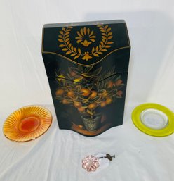 Decorative Wooden Letterbox, Carnival Glass Saucer, Saucer, And Glass Floral Knob