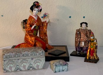 R1 Indonesian Puppet, Japanese Kimono Geisha Doll, Japanese Doll, Shell Style Chinese Keepsake Box, And Smalle