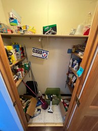 Contents Of Cleaning Supplies Closet - Mop, Dusters, Lightbulbs, Iron, Extension Cord, Plastic Knives, Plastic