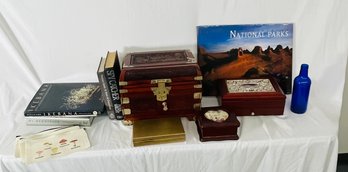 Rosewood Style Jewelry Box, Three Additional Jewelry Boxes, Coffee Table Books, Mushroom Bags