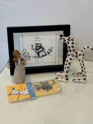 R6 Small Decorative Dog Themed Lot To Include Willow Tree Figure And Framed Artwork Of Raccoon