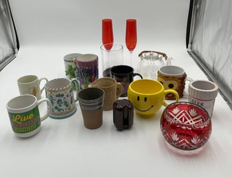 Two Blood Orange Flute Glasses, Glass Teapot, Two Ceramic Cups, Red Glass Bowl, Assorted Mugs