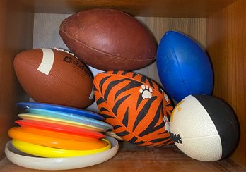RM3 Sports Lot To Include Wilson Football And Other Footballs, Frisbees, And A TPS Louiseville Slugger Bat