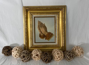 Professionally Framed Hands Artwork By C.Carson, And  Decorative Rattan/wood Balls