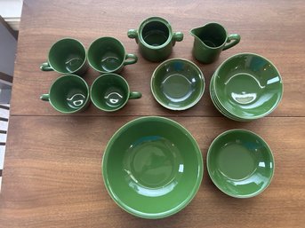 R3 Lot Of Green Dishes To Include, Four Cups, Tea Pot And Creamer, Seven Bowls, One Small Bowl, One Large Bowl