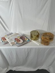 Three Packs Of Papersource Big Bloom Paper Flowers, A Gold Toned Ice Bucket, Two Wooden Stump Bowls