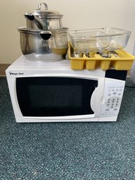 Magic Chef Microwave, Two Belgique Pots, Cutlery In Organizer And Two Pyrex Glass Baking Pans