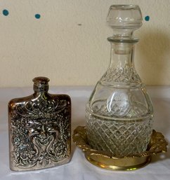 R1 Godinger Dining Vintage Bacchus Flask And Crystal Decanter With Metal Decorative Dish