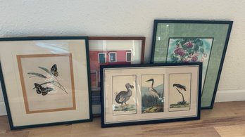 Four Framed Prints Of Various Themes Including Nature And House With Boats.