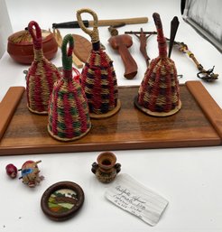 Wood Tray, Carved Wooden Spoon, Native American Beaded Feather, Woven Seed Shakers, Carved Letter Opener