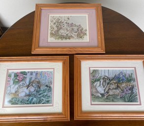 Three Framed Pieces Of Art Bunny Themed One Signed And Numbered