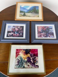 Four Pieces Of Framed Artwork  Depicting Flowers And A Cabin Mountain Scene