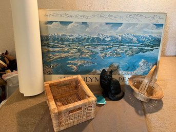 R3 Olympic Peaks Mounted Poster, Cat Statue, Two Baskets, Asian Style Poster Print