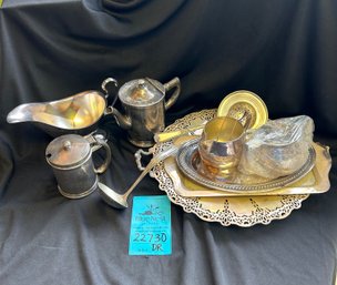 R3 Vintage Serveware Including Copper Silver Trays, Creamers, Ladle, Gravy Boat