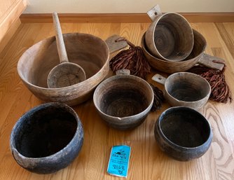 Middle Eastern Rustic Wood Handled Bowl Set Of Three With Tassels,  Two Rustic Wood Handle Bowls