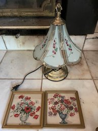 Vintage Style /small Panel Lamp And Two Framed Small Floral Pieces Of Art