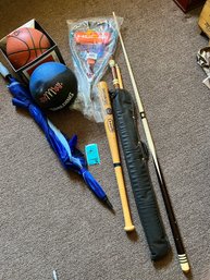 Two Pool Cue Sticks, One Head Racquet, Two Basketballs, One Golf Umbrell, Baseball Bat