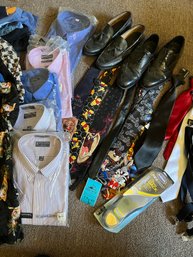 Mens Shoes Size 12, Ties, Dress Shirts, Variety Of Shirts On Hangers