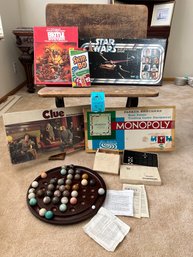 Vintage Monoploly, Clue Star Wars Dominoes Games.  Marble Ball And Wood Solitaire Game, Antique School Desk