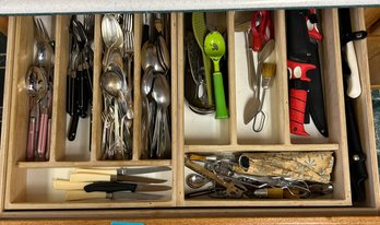 R3 Drawer Full Of Silverware, Vintage Flatware, Two Bubba Blade Fixed Blade Knives, And Kitchen Tools