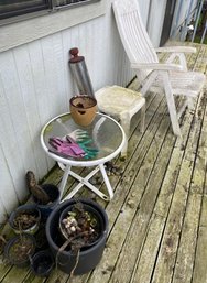 RM00 Lot To Include Gardening Items, Small Table, And Chair And Stool