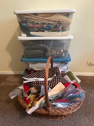 R4 Four Plastic Containers Full Of Various Patterns And Linens, Wooden Basket With More Linens And Patterns