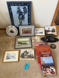 Various Artwork Two Signed, Books, Vintage Black Hobnail Jar And Glass Tray, Wall Clock, Perfume Vessel