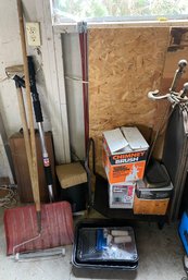 RM0 Miscellaneous Garage Lot To Include Nike And Adidas Sports Shoes, Wood Holder, Chimney Accessories, Wilson