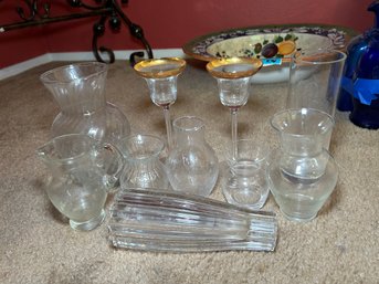 R6 Lot Of Glass Vases In Various Sizes, Two Gold Rimmed Glasses, Small Pitcher