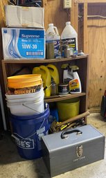 RM0 To Include Two Level Shelf Miscellaneous Garage Accessories Such As Motor Oil, Bucket, Craftsman Tool Box