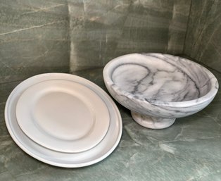 R4 Crate And Barrel Marble Fruit Bowl, And Two Cordon Bleu Serving Ware Dishes