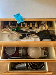 Rm10  Contents Of Drawers, Silverware, Plastic Storage, Cookie Cutters, Rolling Pin, Cookie Gun, Grinder,
