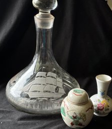 R7 Appears To Be Vintage Rayware The Mariner Fleet Decanter Glass, Chinese Warrior Fighter Porcelain Small Jar