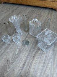 Variety Of Glass Including Sugar Containers, Vases, Glasses, And A Glass Bunny