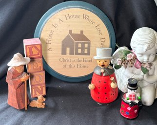 R7 Christmas Style Decor To Include Wooden Figures, Vintage Ornament From Taiwan, Cherub Statue, Dicksons Wall