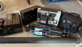 R00 Bell And Howell Autoload Film Projector , Gaf 1690 Slide Projector, Small Screen, Kodak Bag, Kalimar Tripo