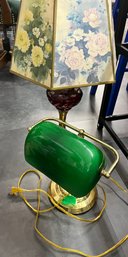 Two Lamps: Red Glass Lamp With Marble Base And Vintage Floral Shade, Green Banker's Desk Lamp