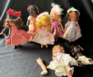 R7 Antique Japanese Bisque Jointed Doll, And Other Various Dolls, Lot Of Seven