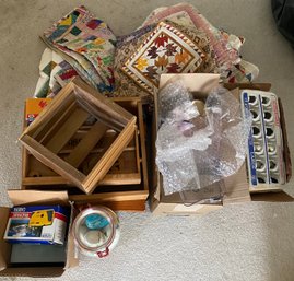 RM1 Miscellaneous Lot To Include Decorative Hand Painted Eggs, Quilts And Linens, Cameras And Others