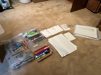 R8 Arts And Crafts Lot To Include, Crayons, Colored Pencils, Markers, Staplers, Stencils, Origami, Notepaper,