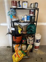 Rm0 Metal Shelf Including Contents,  Small Propane Tank, Flower Pots, Fertilizers, Battery Case, Paint