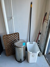 R0 Stainless Steel Cylinder Flip Top Trash Can, 40 L Plastic Trash Can, Push Brooms, And Boot Scraper Doormat