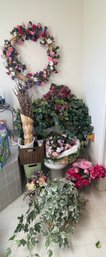 Collection Of Faux Florals ,basket, Trash Can, Pink