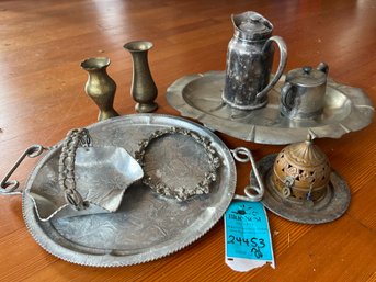 R4 Mixed Metals Lot.  Vintage Aluminum Basket And Tray, Brass Vases, Plates Serveware And Metal Meat Server