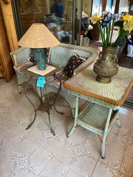 Wicker Love Seat And Side Table, Stone Based Lamp, Metal Plant Stand, Blown Glass Flowers, Brass And Enamel