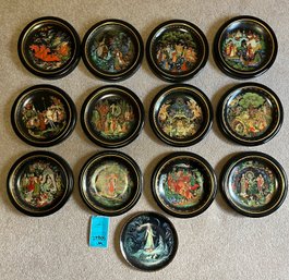 R9 Thirteen Decorative Russian Plates, Twelve Have Wooden Hanging Frames. Includes Original Boxes And Papers