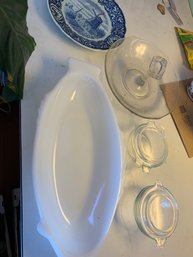 Fish Platter, 2 Small Pyrex Bowls With Lids, Delfts Decorative Platter, Glass Decorative Tray